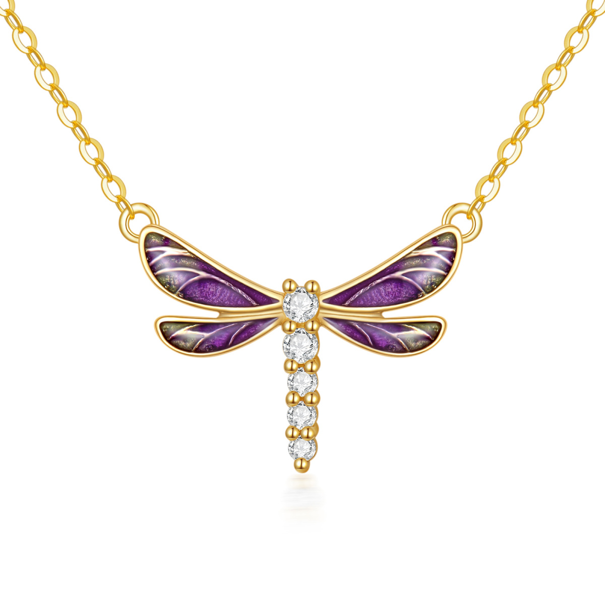9K Gold Round Cubic Zirconia Dragonfly Pendant Necklace-1