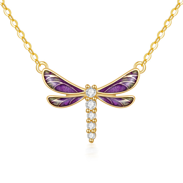 9K Gold Round Cubic Zirconia Dragonfly Pendant Necklace-0