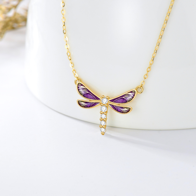 9K Gold Round Cubic Zirconia Dragonfly Pendant Necklace-2