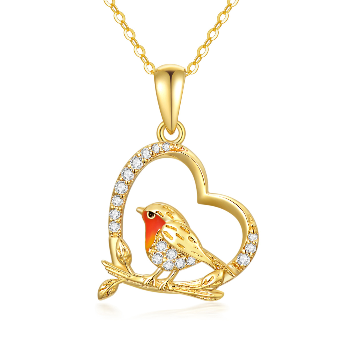 9K Gold Cubic Zirconia Robbin & Heart Pendant Necklace-1