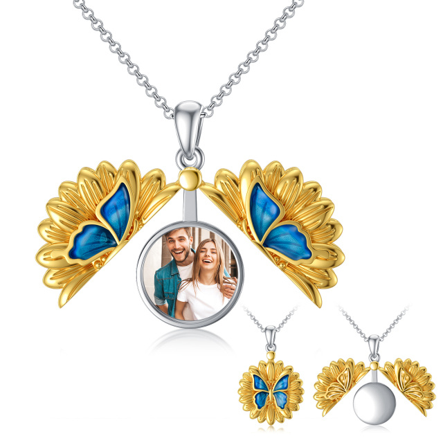 Collar con medallón con fotografía personalizado de girasol y mariposa en dos tonos de plata de ley-1