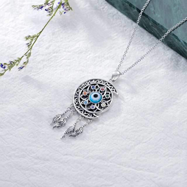 Sterling Silver Cubic Zirconia Lotus & Dream Catcher & Evil Eye & Moon Pendant Necklace-4