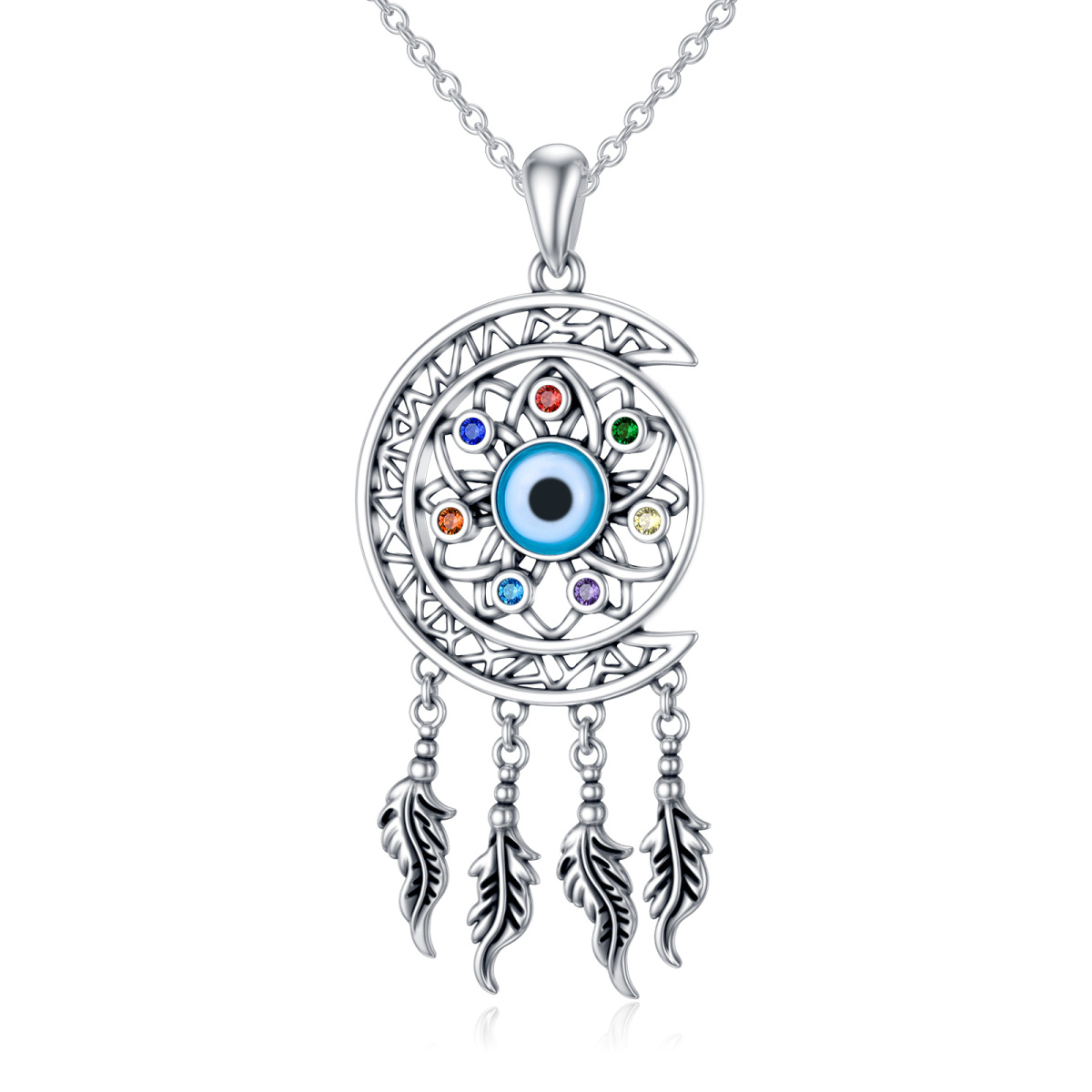 Sterling Silver Cubic Zirconia Lotus & Dream Catcher & Evil Eye & Moon Pendant Necklace-1
