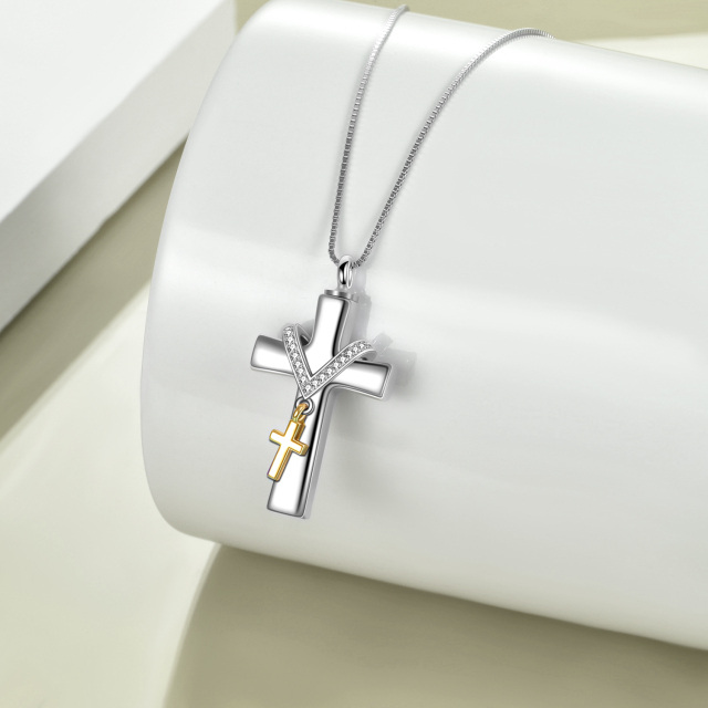 Sterling Silver Two-tone Circular Shaped Cubic Zirconia Cross Urn Necklace for Ashes-2