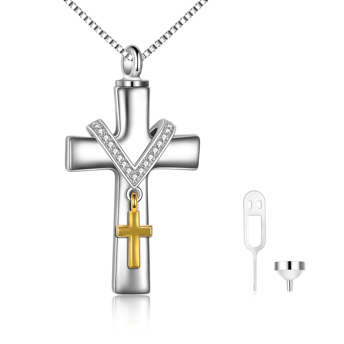 Sterling Silver Two-tone Circular Shaped Cubic Zirconia Cross Urn Necklace for Ashes-1