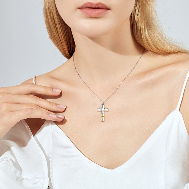 Sterling Silver Two-tone Circular Shaped Cubic Zirconia Cross Urn Necklace for Ashes-1
