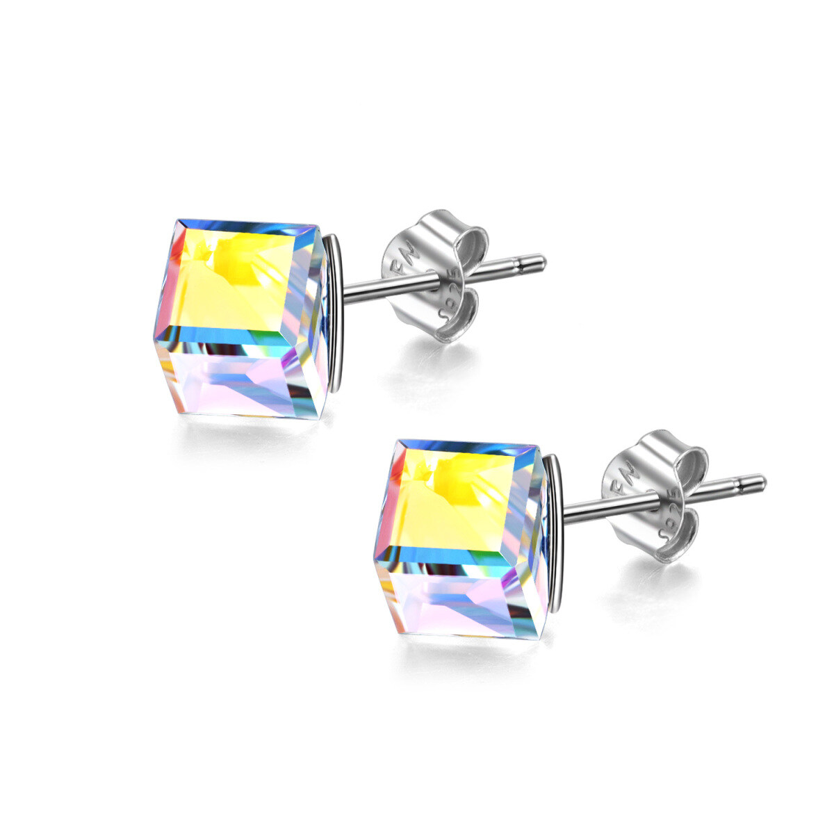 Sterling Silver Crystal Square Stud Earrings-1