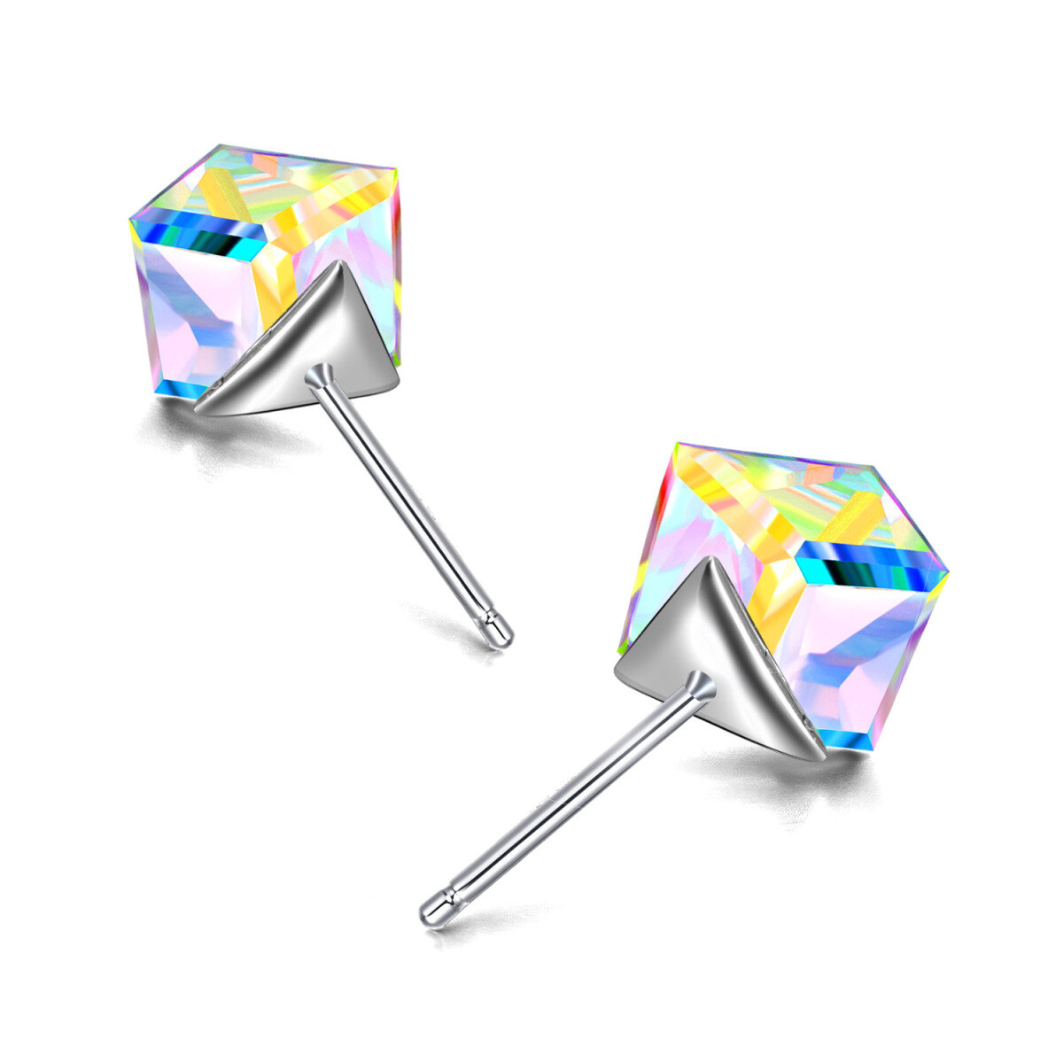 Sterling Silver Crystal Square Stud Earrings-3