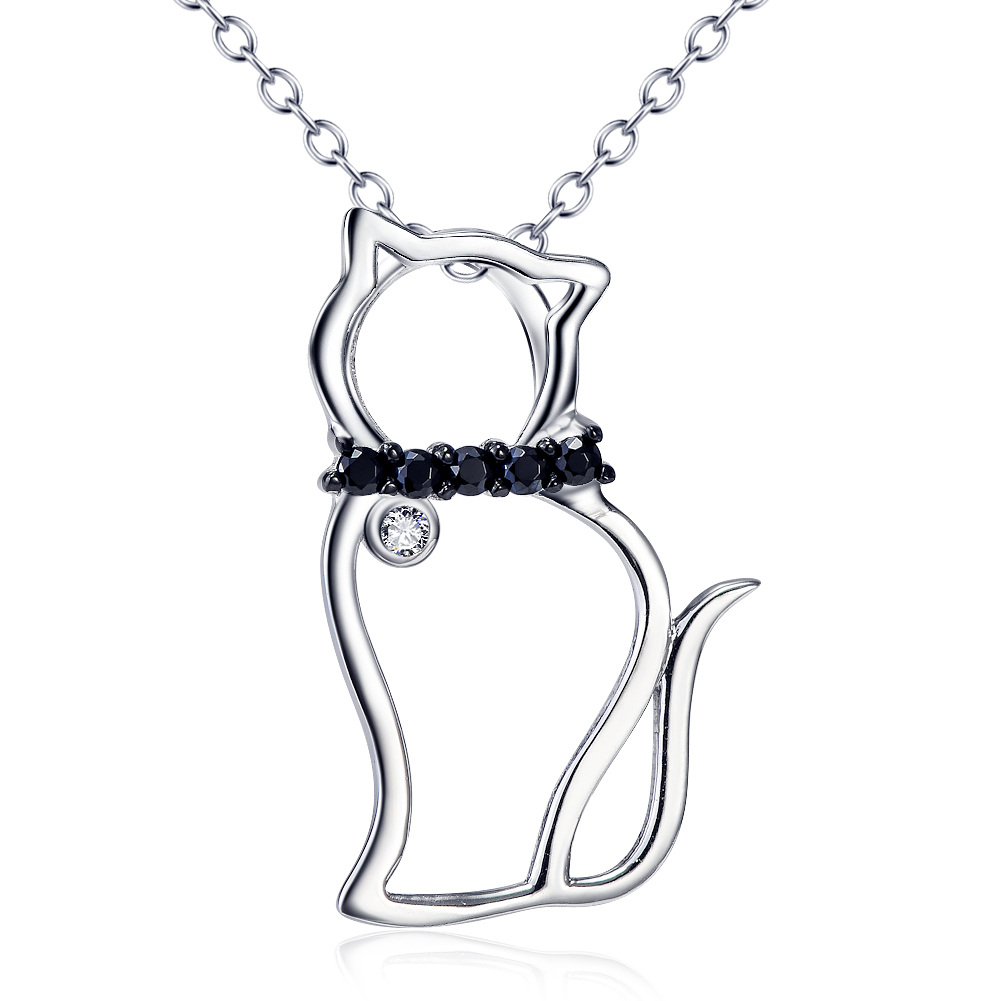 Sterling Silver Round Zircon Cat Pendant Necklace-1