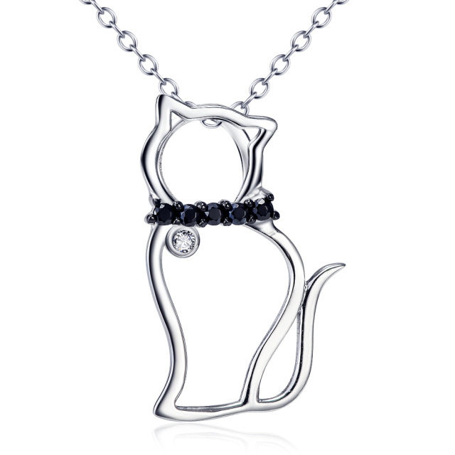 Sterling Silver Round Zircon Cat Pendant Necklace-0