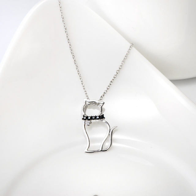 Sterling Silver Round Zircon Cat Pendant Necklace-3
