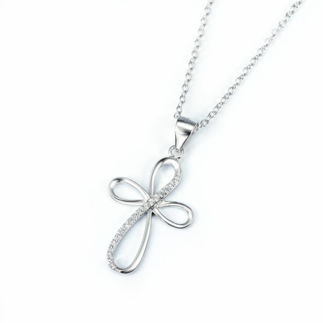 Sterling Silver Circular Shaped Cubic Zirconia Cross Pendant Necklace-3