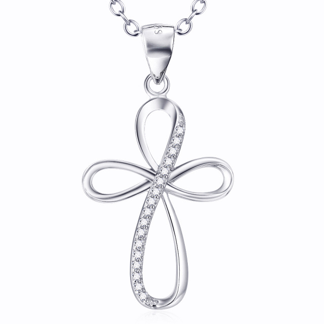 Sterling Silver Circular Shaped Cubic Zirconia Cross Pendant Necklace-1