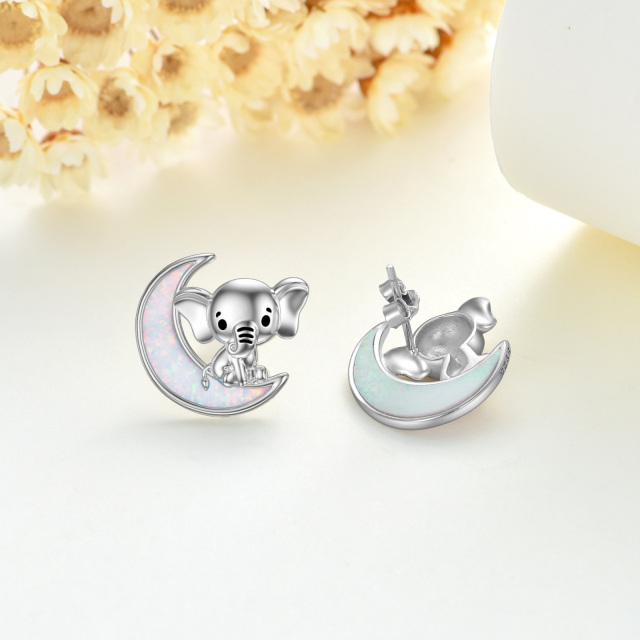 Sterling Silver Opal Elephant & Moon Stud Earrings-5