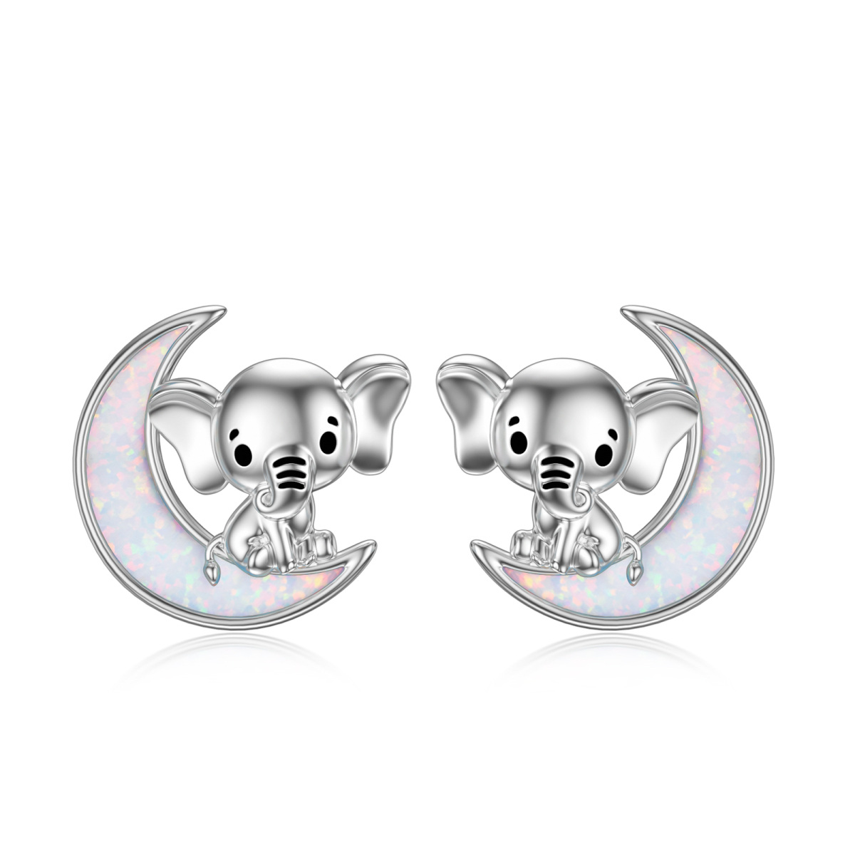 Sterling Silver Opal Elephant & Moon Stud Earrings-1