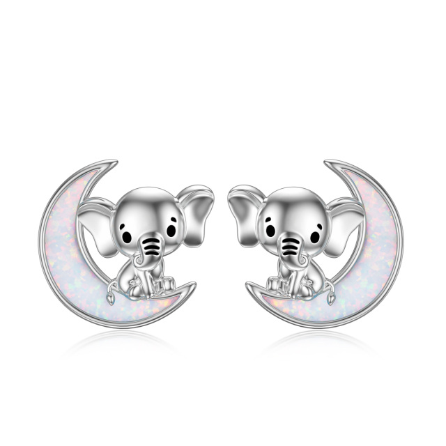 Sterling Silver Opal Elephant & Moon Stud Earrings-1