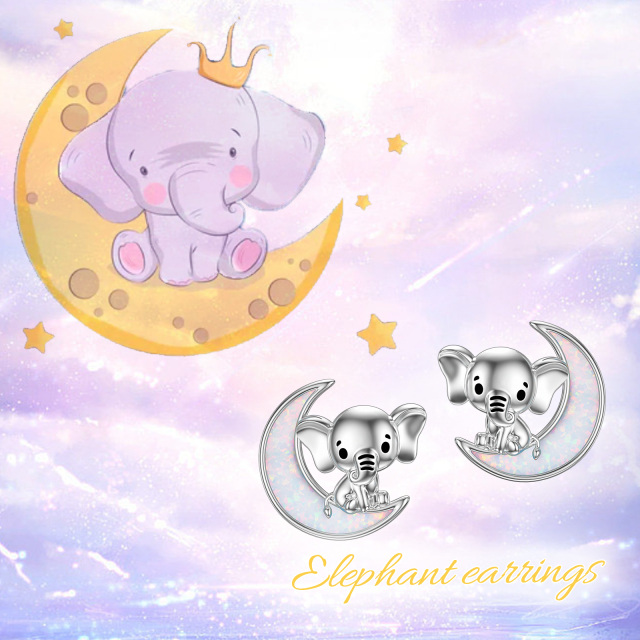 Orecchini a perno in argento sterling con elefante e luna in opale-3