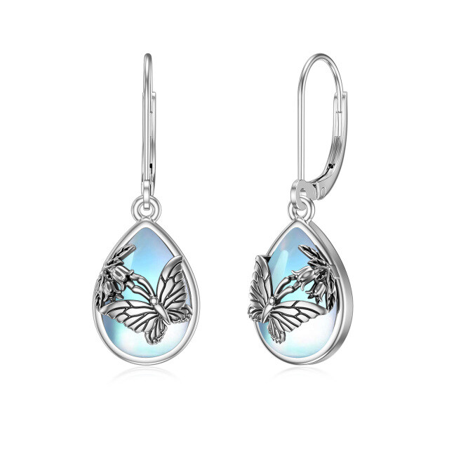 Sterling Silver Pear Shaped Moonstone Butterfly Lever-back Earrings-3