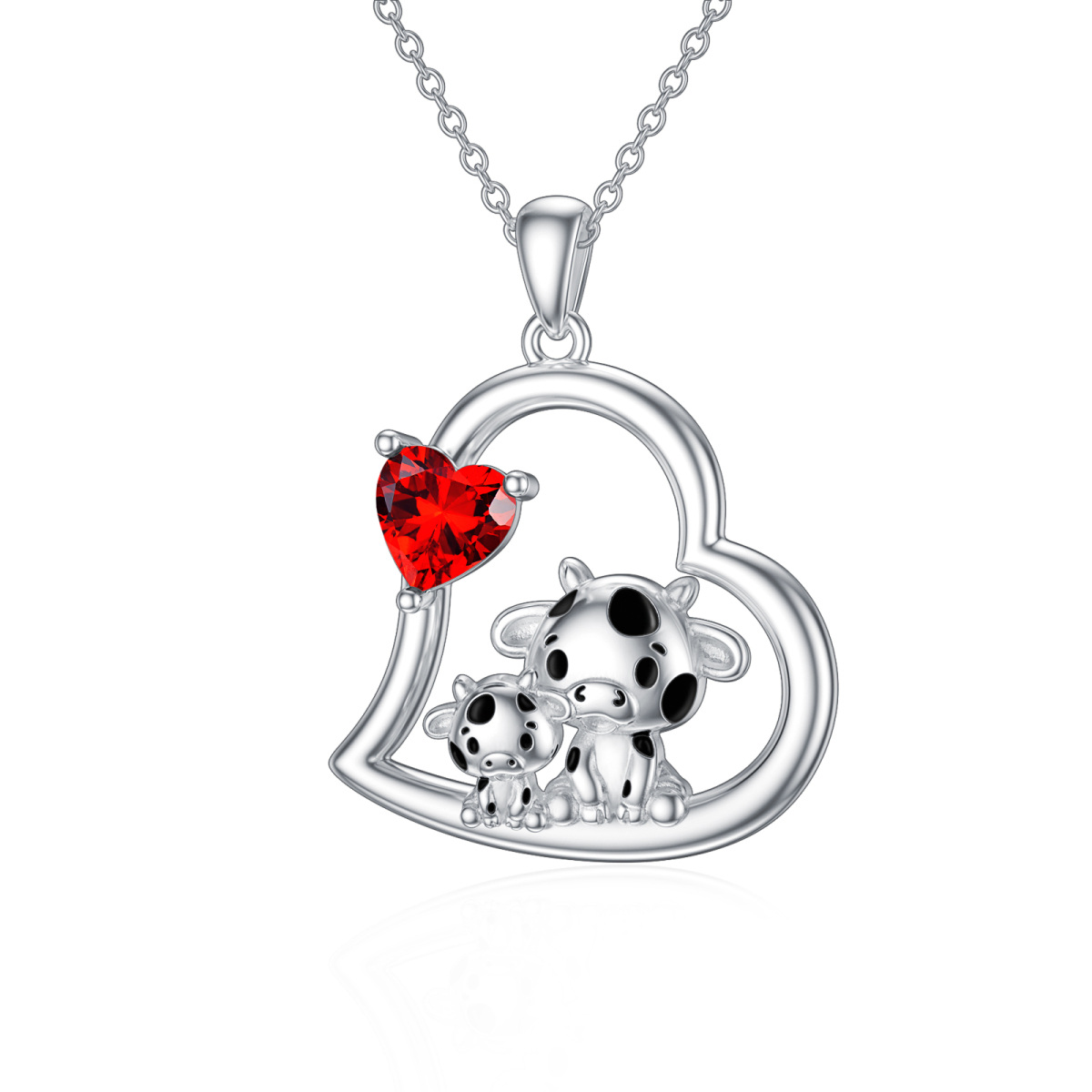 Sterling Silver Heart Shaped Cubic Zirconia Cow & Heart Pendant Necklace-1