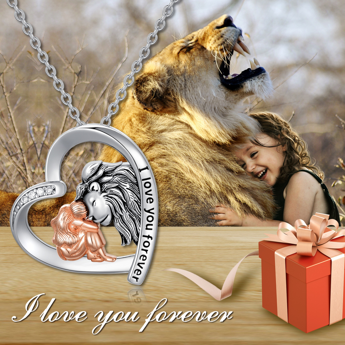 Sterling Silver Two-tone Circular Shaped Cubic Zirconia Lion & Heart Pendant Necklace with Engraved Word-6