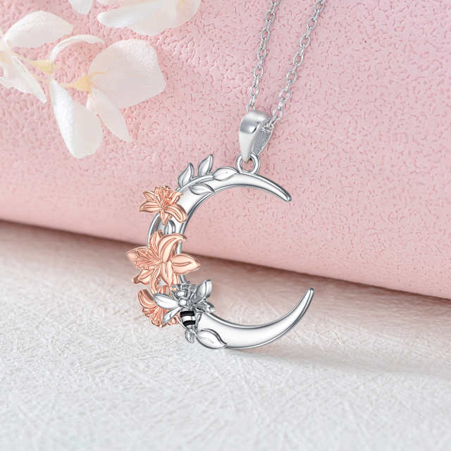 Sterling Silver Two-tone Bee & Lily & Moon Pendant Necklace-4