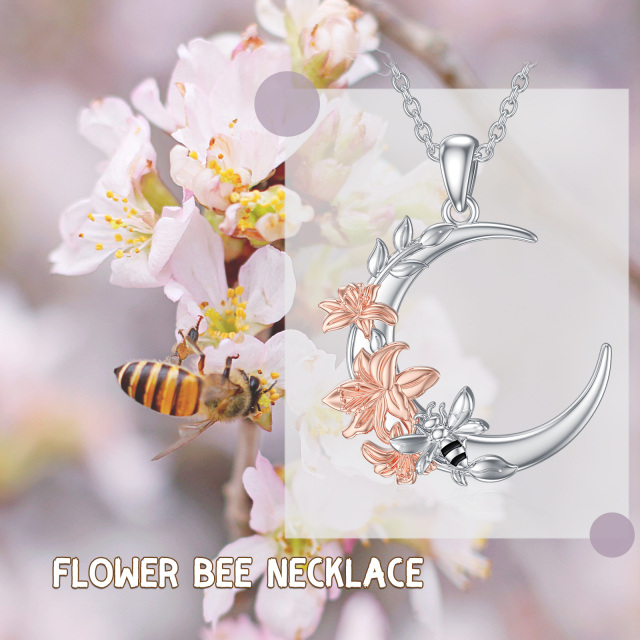 Sterling Silver Two-tone Bee & Lily & Moon Pendant Necklace-3