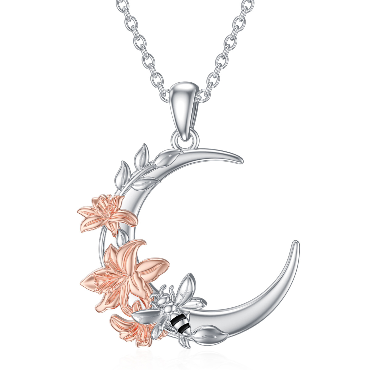 Sterling Silver Two-tone Bee & Lily & Moon Pendant Necklace-1