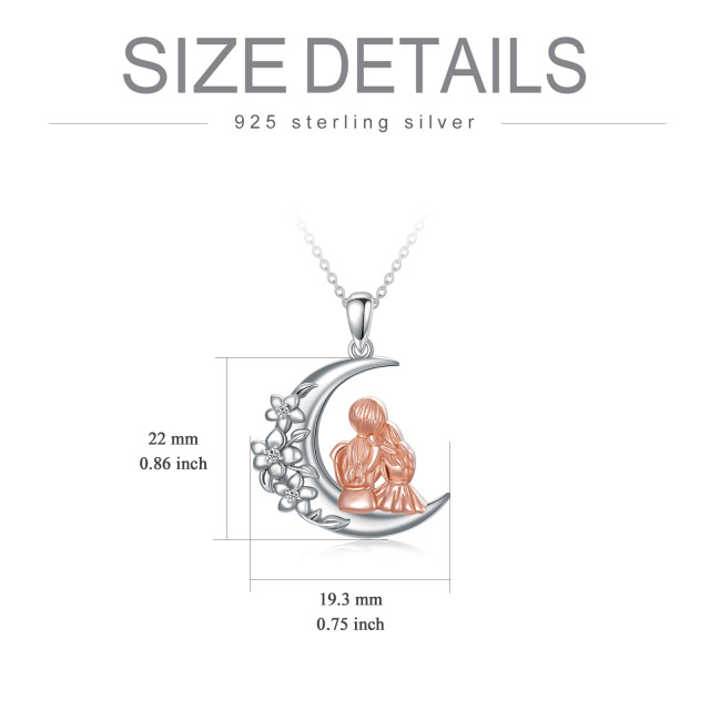 Sterling Silver Two-tone Mother & Daughter & Moon Pendant Necklace-5