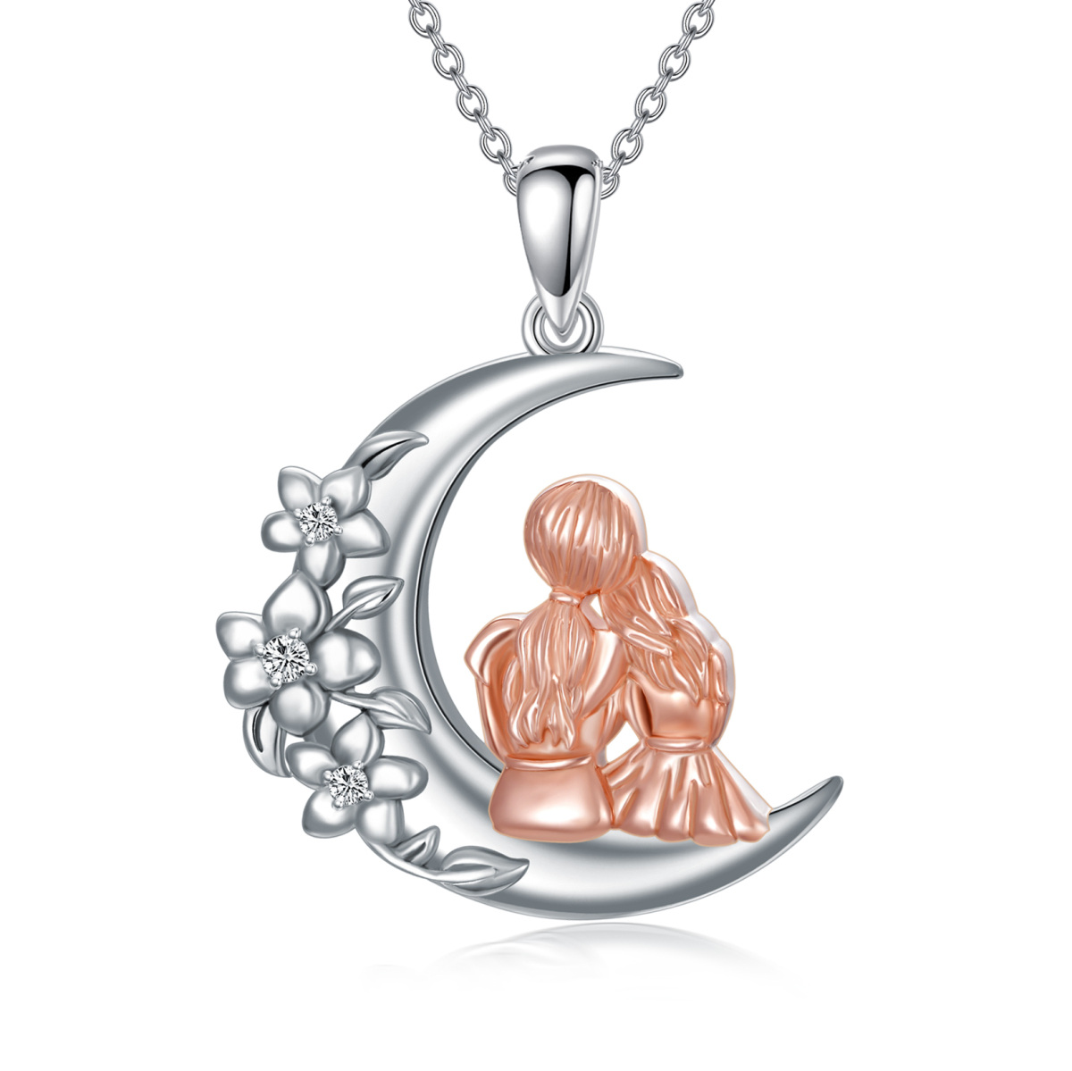 Sterling Silver Two-tone Mother & Daughter & Moon Pendant Necklace-1