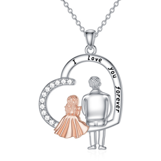 10K Silver & Rose Gold Cubic Zirconia Father & Daughter & Heart Pendant Necklace