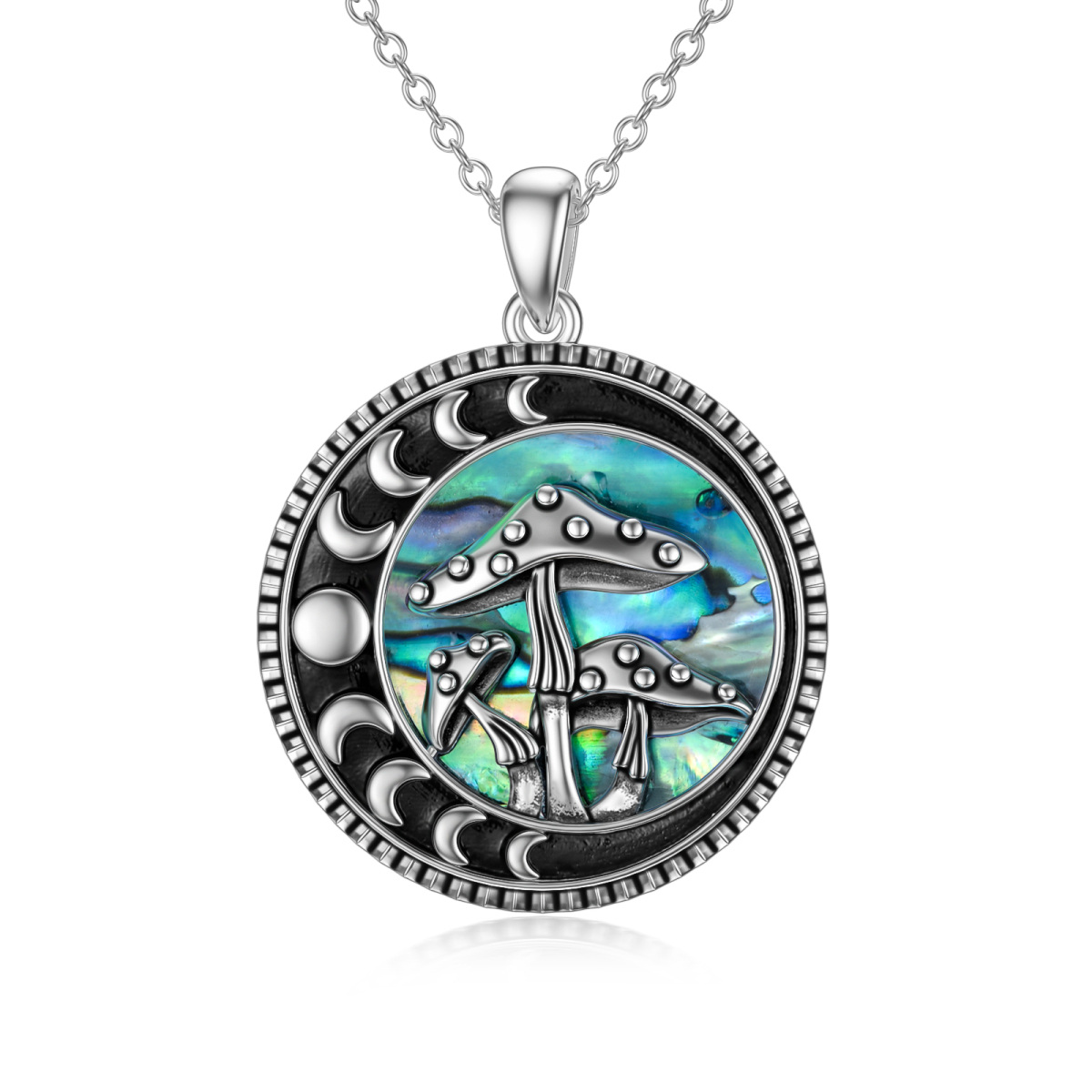 Sterling Silver Abalone Shellfish Mushroom & Moon Phases Pendant Necklace-1