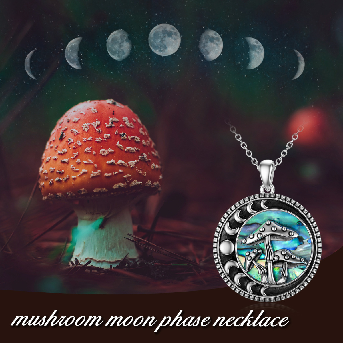 Sterling Silver Abalone Shellfish Mushroom & Moon Phases Pendant Necklace-6