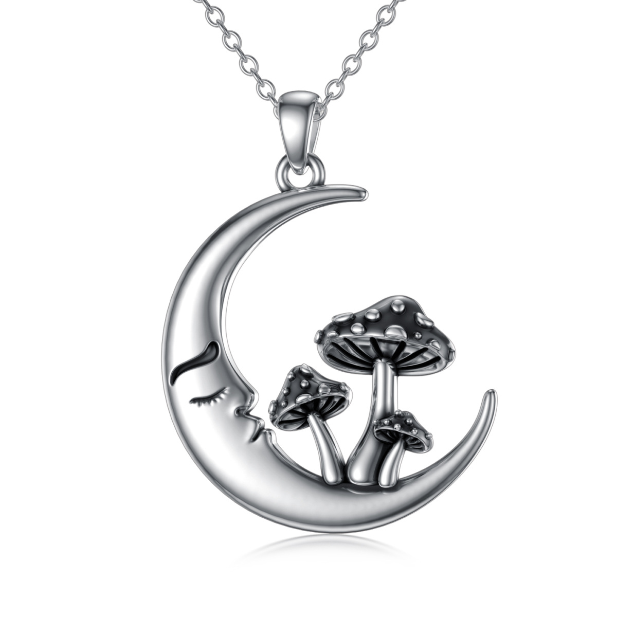 Sterling Silver Mushroom & Moon Pendant Necklace-1