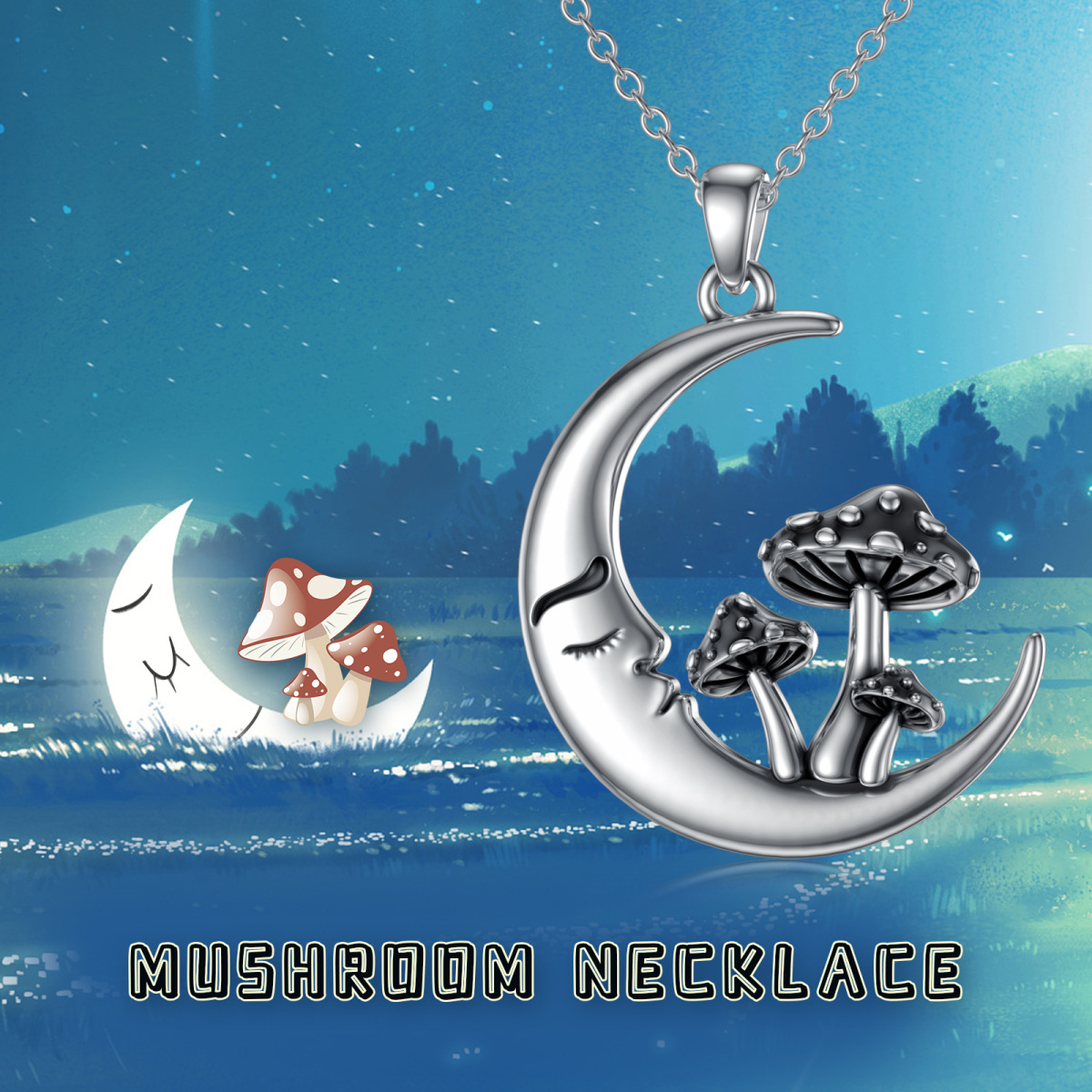 Sterling Silver Mushroom & Moon Pendant Necklace-6