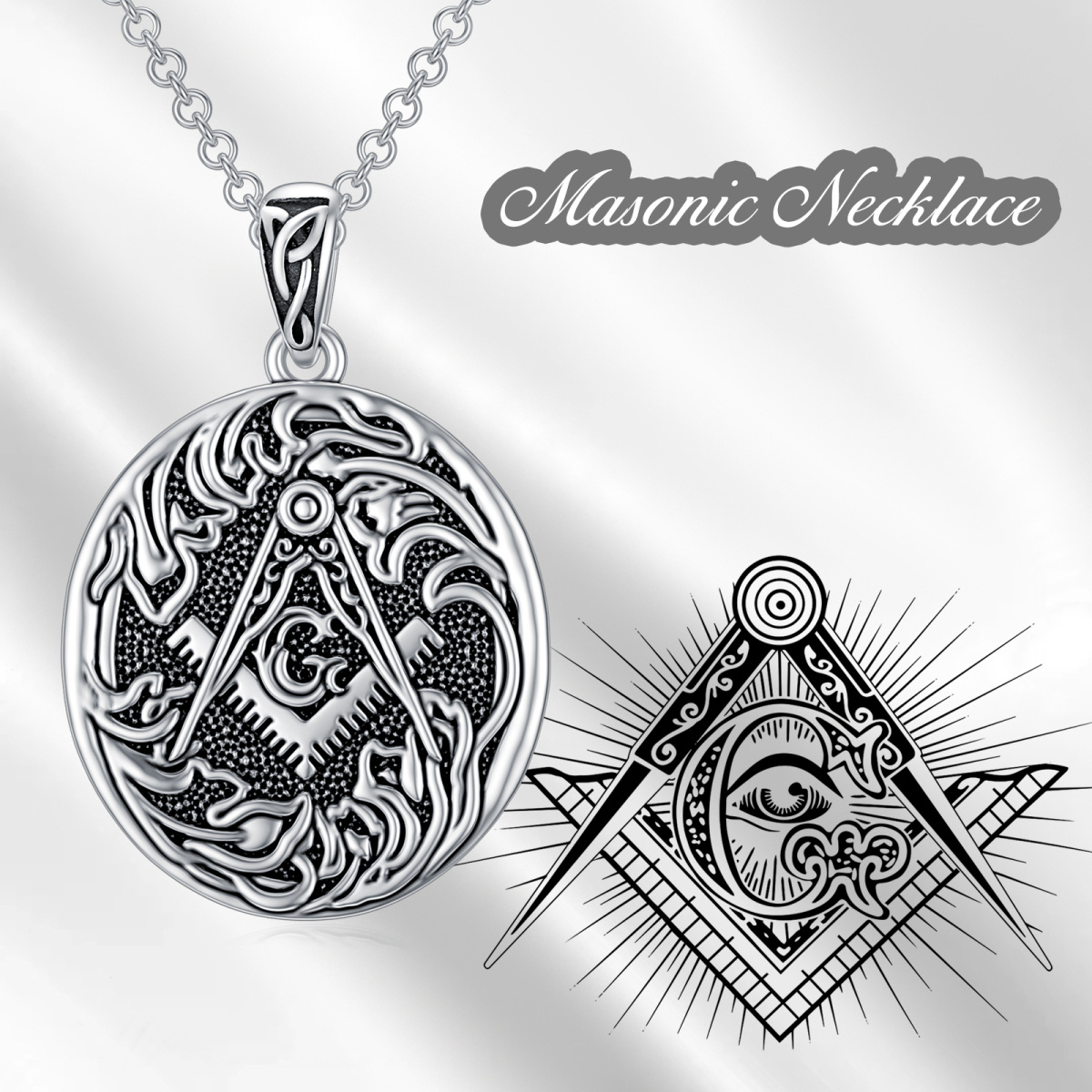 Sterling Silver Masonic Symbol Pendant Necklace for Men-6