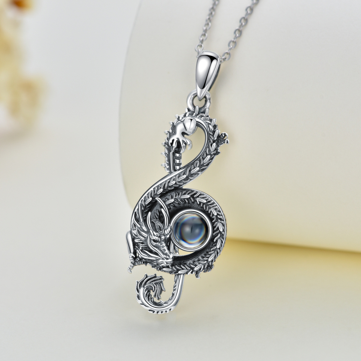 Sterling Silver Circular Shaped Projection Stone Dragon & Music Symbol Pendant Necklace with Engraved Word-3