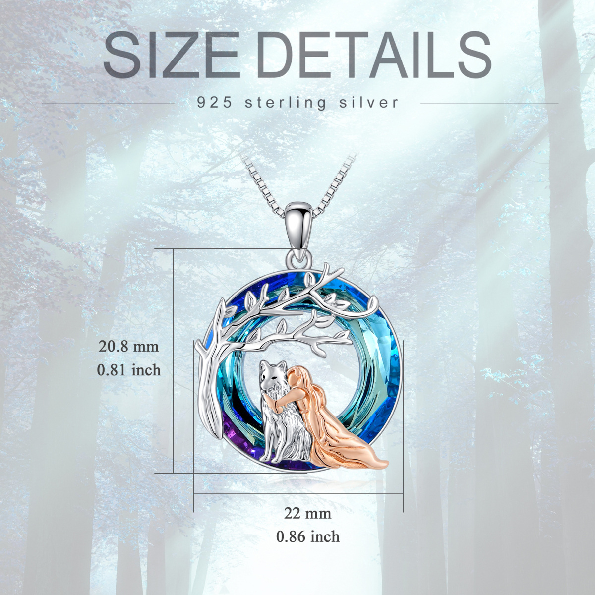 Sterling Silver Two-tone Circular Shaped Wolf & Girl Crystal Pendant Necklace-5