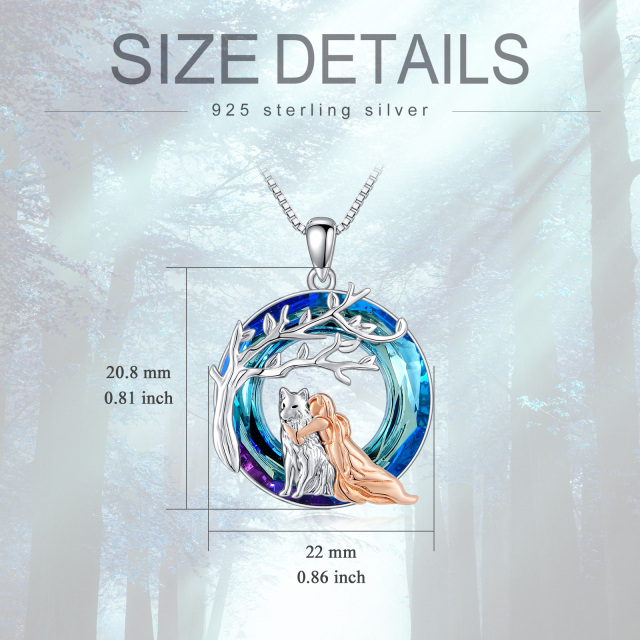 Colar de prata esterlina com pingente de cristal em forma circular de lobo e rapariga em dois tons-4