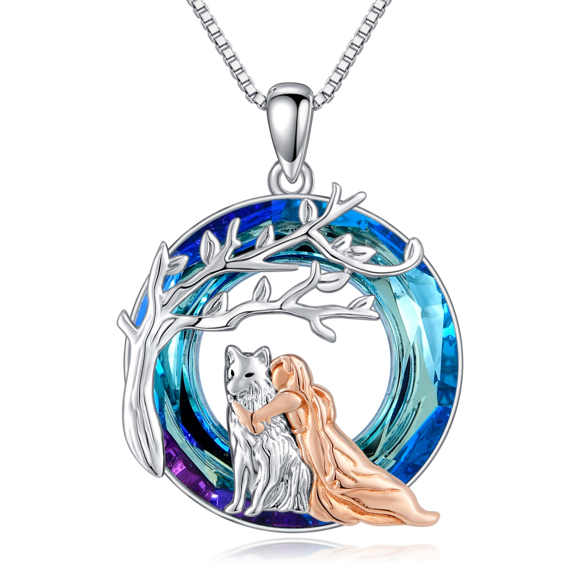 Sterling Silver Two-tone Circular Shaped Wolf & Girl Crystal Pendant Necklace-1