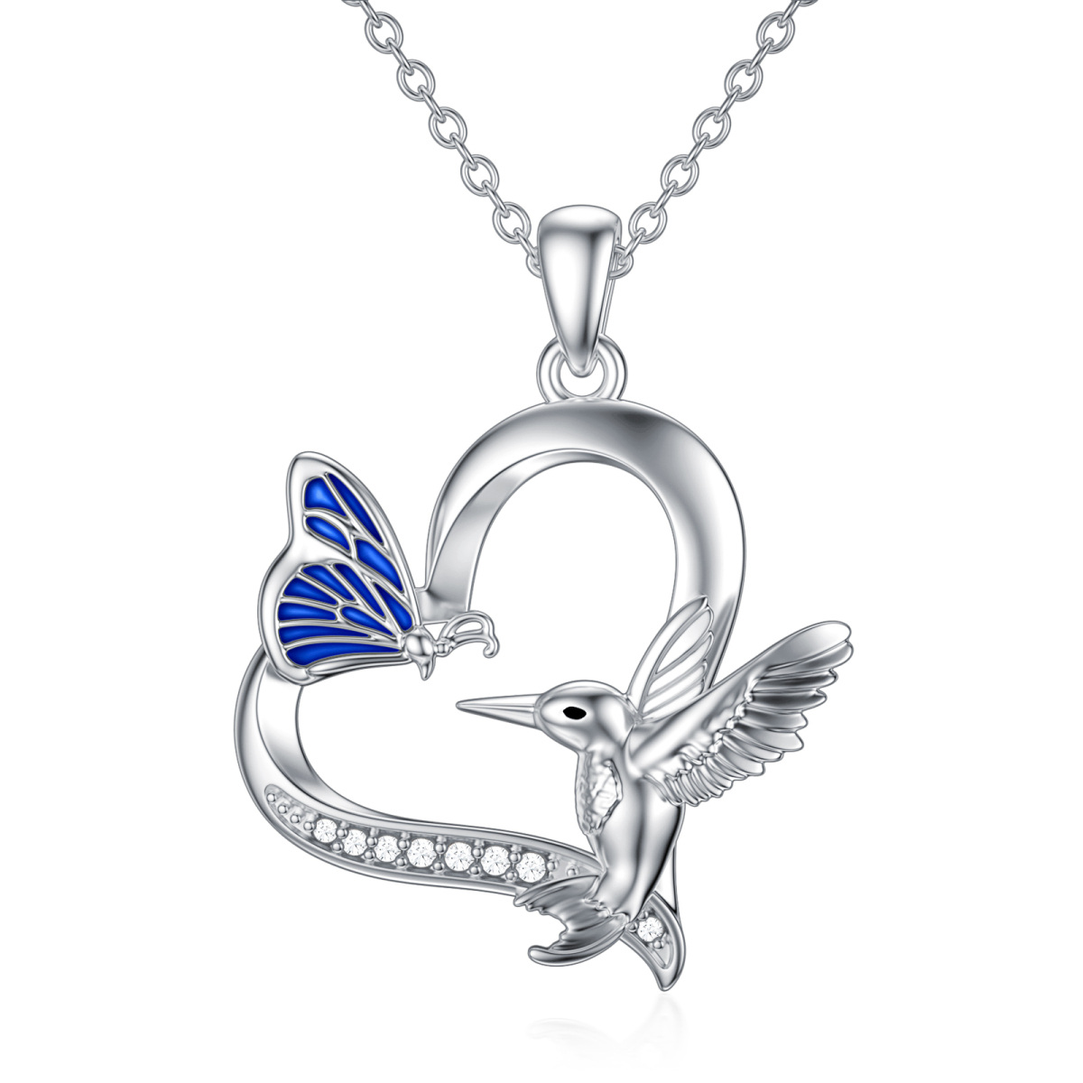 Sterling Silver Circular Shaped Cubic Zirconia Butterfly & Hummingbird & Heart Pendant Necklace-1