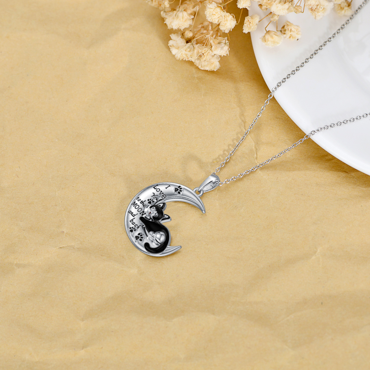 Sterling Silver Cat & Moon Pendant Necklace-5