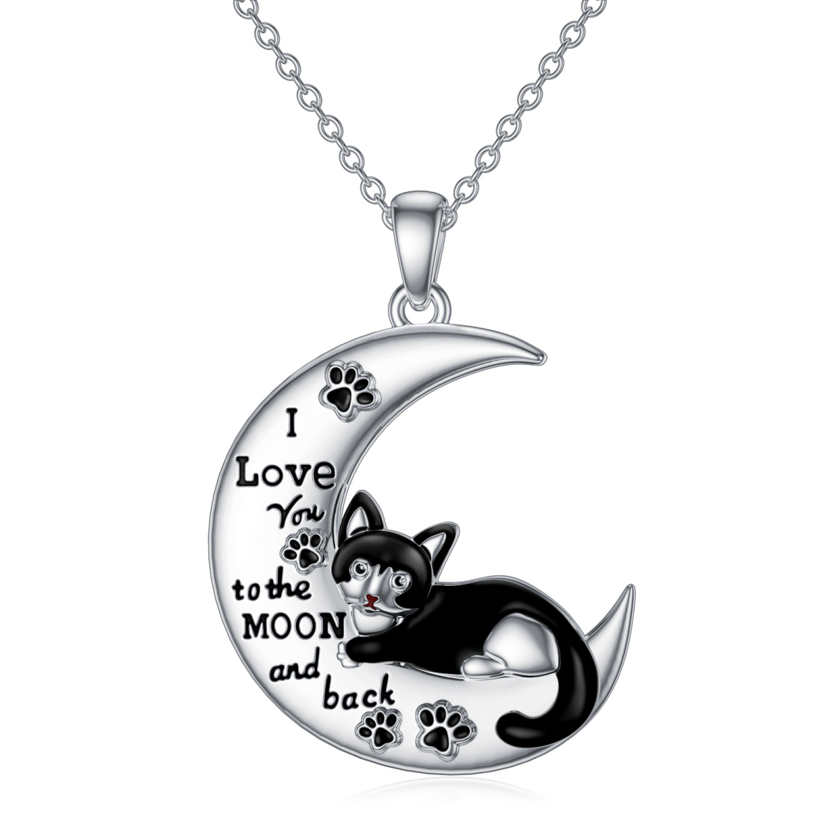 Sterling Silver Cat & Moon Pendant Necklace-1