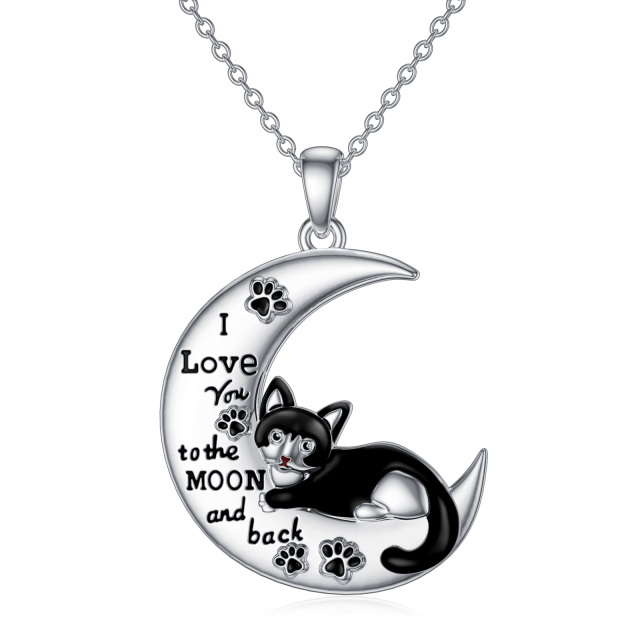 Collana con ciondolo a forma di gatto e luna in argento sterling-1