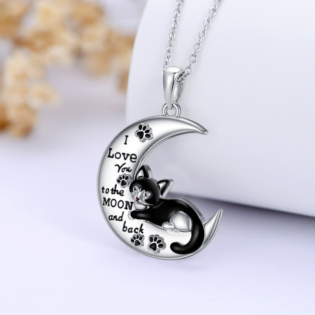 Sterling Silver Cat & Moon Pendant Necklace-3