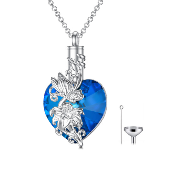 Colar de prata esterlina com coração de cristal, borboleta e urna de coração