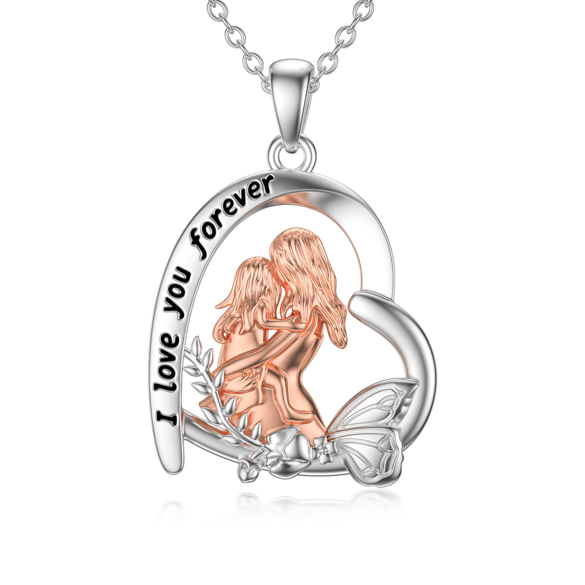 Sterling Silver Two-tone Mother & Daughter Heart & Butterfly Pendant Necklace with Engraved Word-1