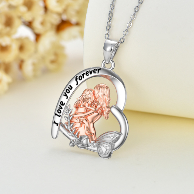 Sterling Silver Two-tone Mother & Daughter Heart & Butterfly Pendant Necklace with Engraved Word-2
