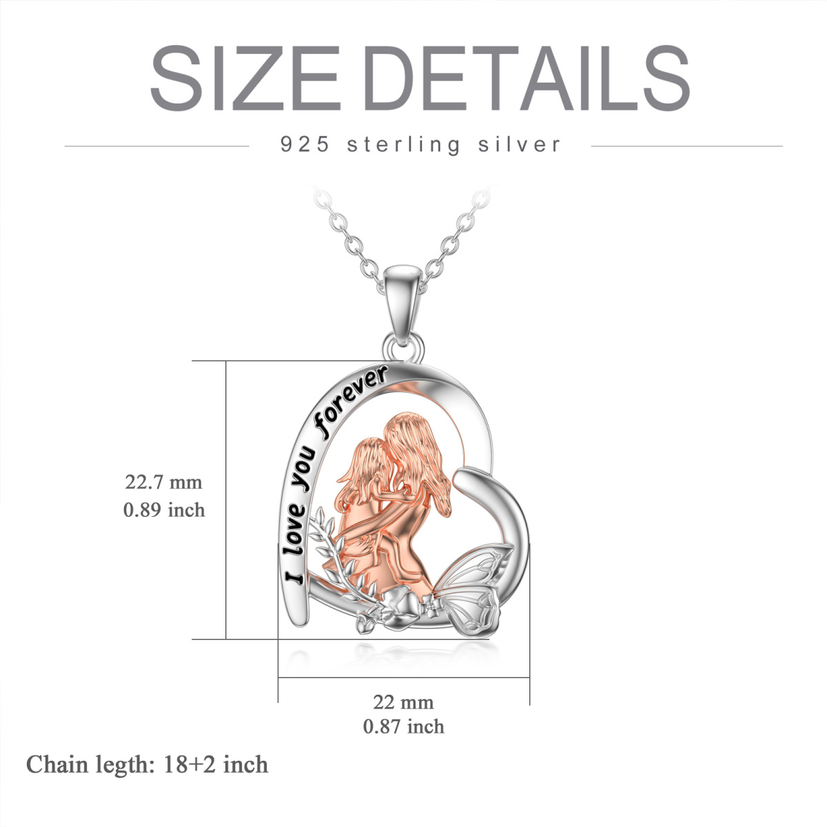Sterling Silver Two-tone Mother & Daughter Heart & Butterfly Pendant Necklace with Engraved Word-6