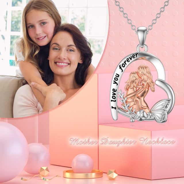 Sterling Silver Two-tone Mother & Daughter Heart & Butterfly Pendant Necklace with Engraved Word-4
