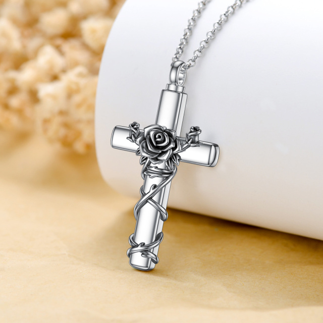 Sterling Silver Vintage Rose & Cross Urn Necklace for Ashes-2